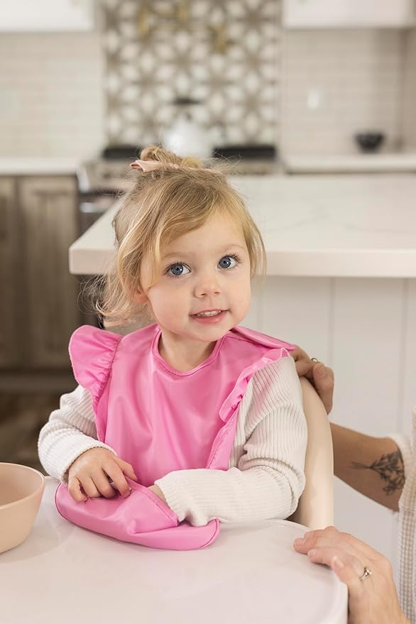 Tiny Twinkle Mess Proof Baby Bibs for Eating - Waterproof, Wipeable Bibs - Toddler Bibs - Travel Friendly - PFAS, PVC, BPA, Phthalate Free - Baby Food Bibs(3 Pack,Girl Hearts)-BubblyBeeBaby