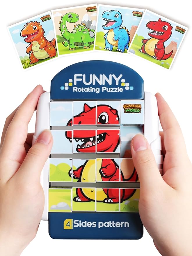 16-Piece Rotating Puzzles for Kids 4-6, Toddlers Puzzles 2-4, Road Trip, Airplane Activities Game, Travel Toys - Brain Teaser, Fine Motor Skills - Birthday Gifts Boys Girls - Dinosaur-BubblyBeeBaby