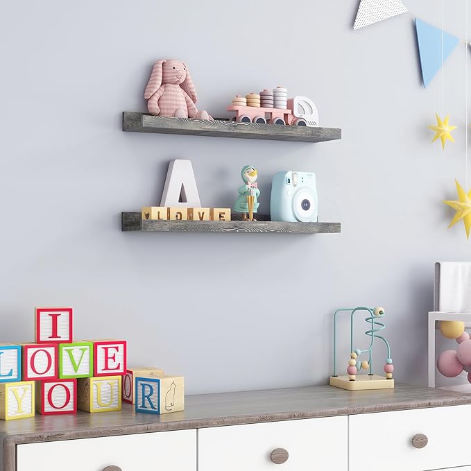 24 Inches Floating Shelves for Wall, Solid Pine Wood Picture Ledge Shelves, Wall Shelves with Lips, Nursery Book Shelves for Toys Storage Living Room Bedroom Photo Frames (2 Pcs, Grey)-BubblyBeeBaby