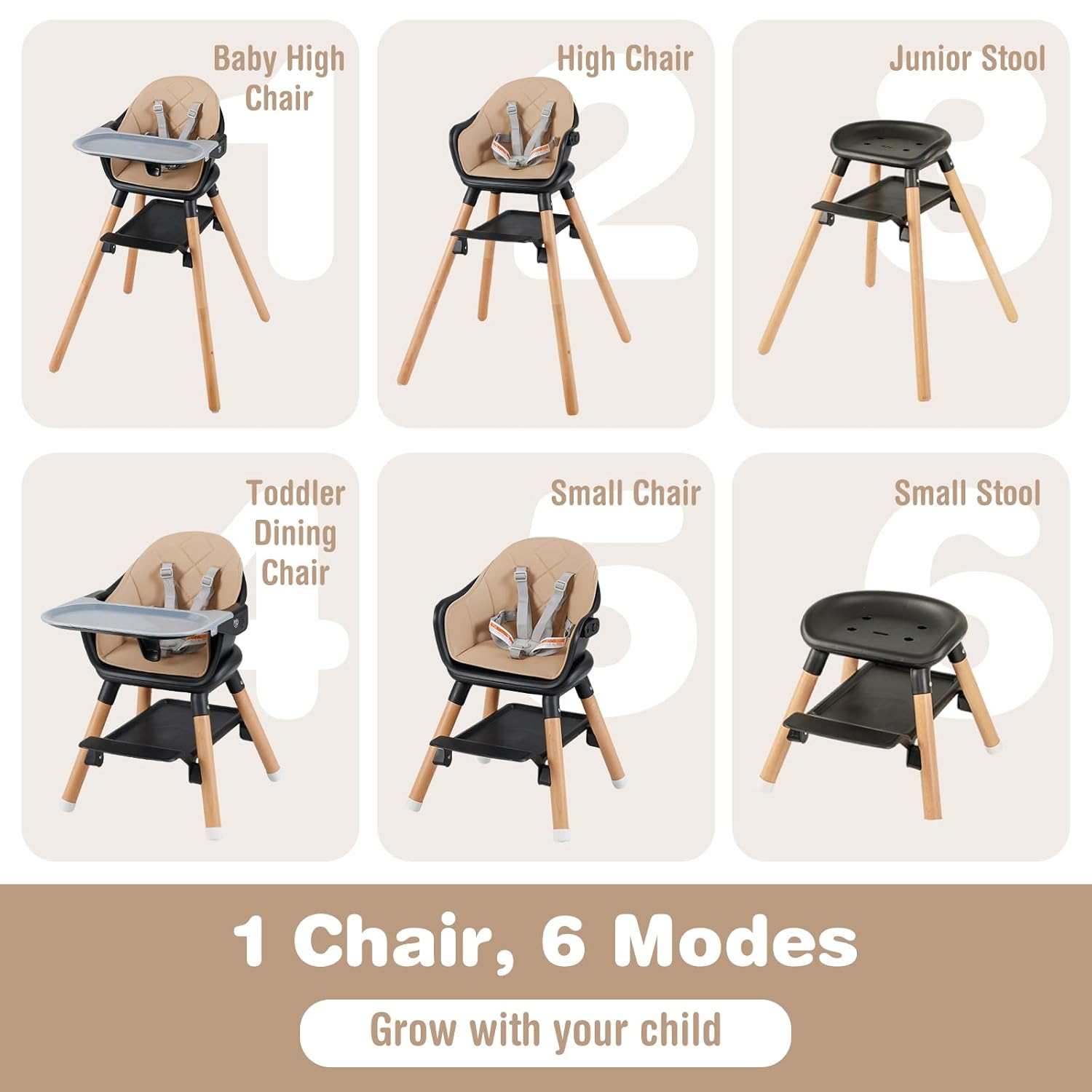 BABY JOY Baby High Chair, 6 in 1 Convertible Wooden High Chair for Babies & Toddlers with Adjustable Legs, Double Removable Tray, Safety Harness & Waterproof PU Cushion (Coffee)