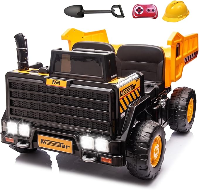 24V Ride On Dump Truck, 24inch-2 Seater Ride On Car for Kids w/Remote Control 4WD/2WD Up to 5 Mph, 24v Ride on Toys for Big Kids w/Electric Dump Bed Extra Shovel Traffic Cones (Yellow)-BubblyBeeBaby