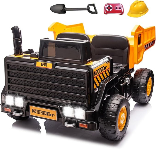 24V Ride On Dump Truck, 24inch-2 Seater Ride On Car for Kids w/Remote Control 4WD/2WD Up to 5 Mph, 24v Ride on Toys for Big Kids w/Electric Dump Bed Extra Shovel Traffic Cones (Yellow)-BubblyBeeBaby