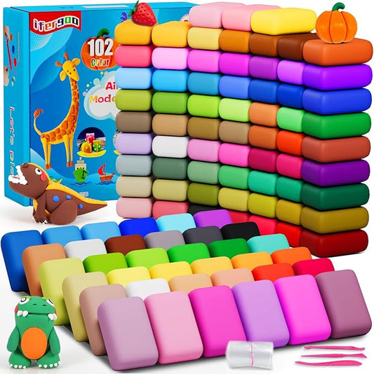 ifergoo Air Dry Clay for Kids - 102 Colors Molding Magic Clay Kit, Safe & Non-Toxic, Kids DIY Model Art & Crafts Toys with Sculpting Tools, Birthday & Christmas Gifts for Boys & Girls 3-12 Years Old-BubblyBeeBaby
