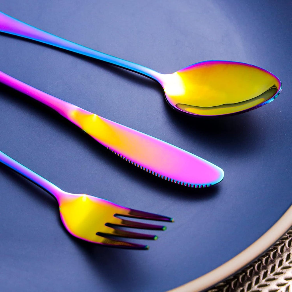 Portable Utensils Set with Case, 4pcs Stainless Steel Reusable Silverware for Lunch Camping School Picnic Workplace Travel, Lunch Box Includ Fork Spoon Knife,Easy to clean,Dishwasher Safe(Rainbow)