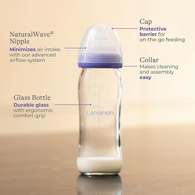 Lansinoh Anti-Colic Glass Baby Bottles, 8 Ounces, 4 Count Bottles for Feeding, Baby Essentials, Includes 4 Medium Flow Nipples, Size M-BubblyBeeBaby