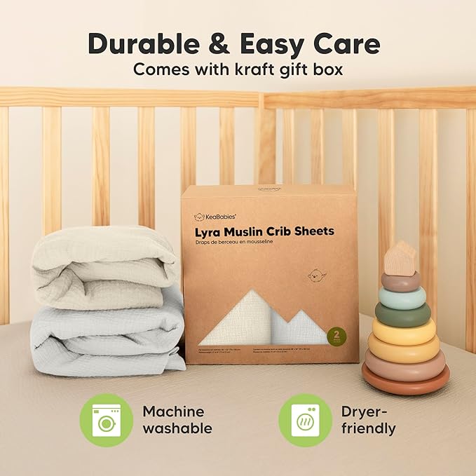 KeaBabies 2-Pack Muslin Crib Sheets for Boys, Girls - 100% Organic Cotton Fitted Baby Crib Mattress Sheet, Soft Breathable Standard Toddler Bed Cover Bedding Set, Neutral, Durable 52x28 (Greige)-BubblyBeeBaby