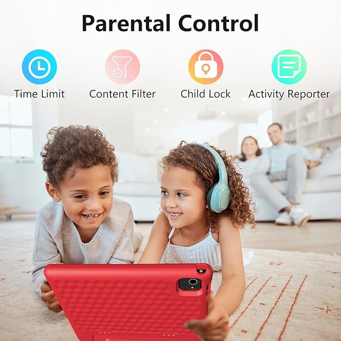 JREN Tablet for Kids｜10 Inch Kids Tablet Android 14｜Octa-core｜64GB｜WiFi ｜Bluetooth｜Parental Control｜Children Content｜Children Toddler Red-BubblyBeeBaby