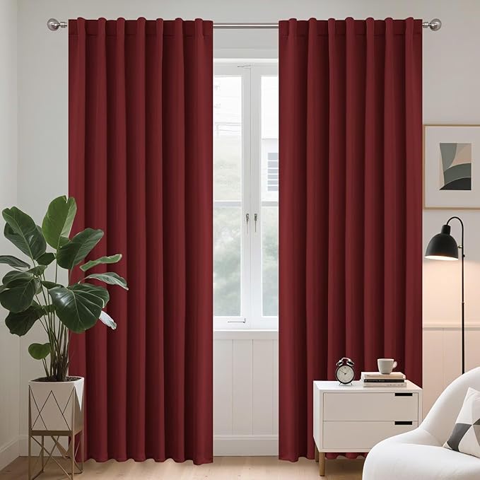 Joydeco Blackout Curtains 96 Inches Long for Bedroom, Thermal Insulated Black Out Curtains 2 Panels Set, Room Darkening Drapes for Living Room Window (W52 x L96 Inch, Burgundy Red)-BubblyBeeBaby