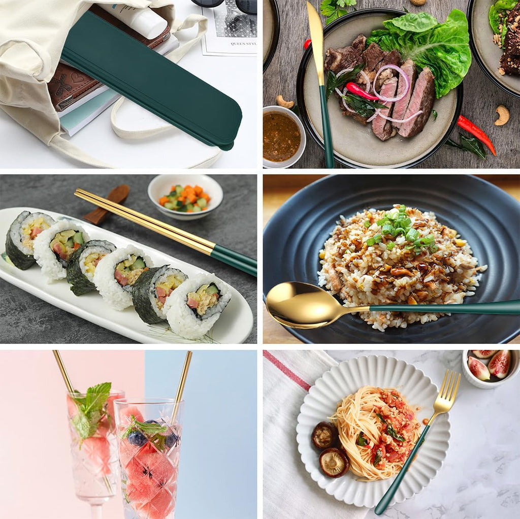 AARAINBOW 6 Pieces 18/8 Stainless Steel Flatware Set Portable Reusable Cutlery Set Travel Utensils Set Including Chopsticks Knife Fork Spoon Straws Cleaning Brush Dishwasher Safe (Green golden)