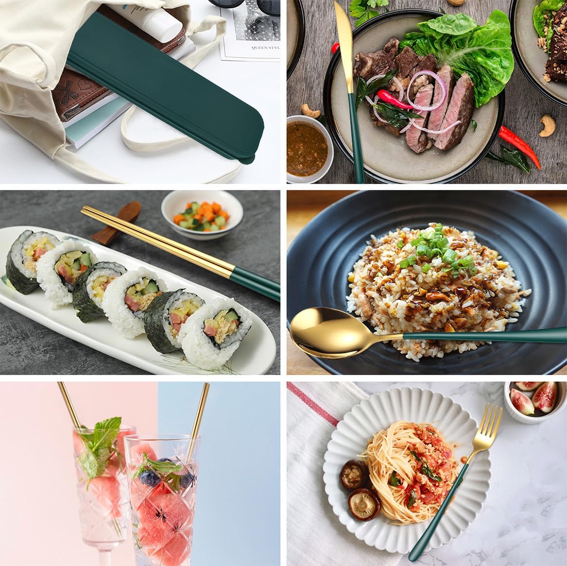 AARAINBOW 6 Pieces 18/8 Stainless Steel Flatware Set Portable Reusable Cutlery Set Travel Utensils Set Including Chopsticks Knife Fork Spoon Straws Cleaning Brush Dishwasher Safe (Green golden)