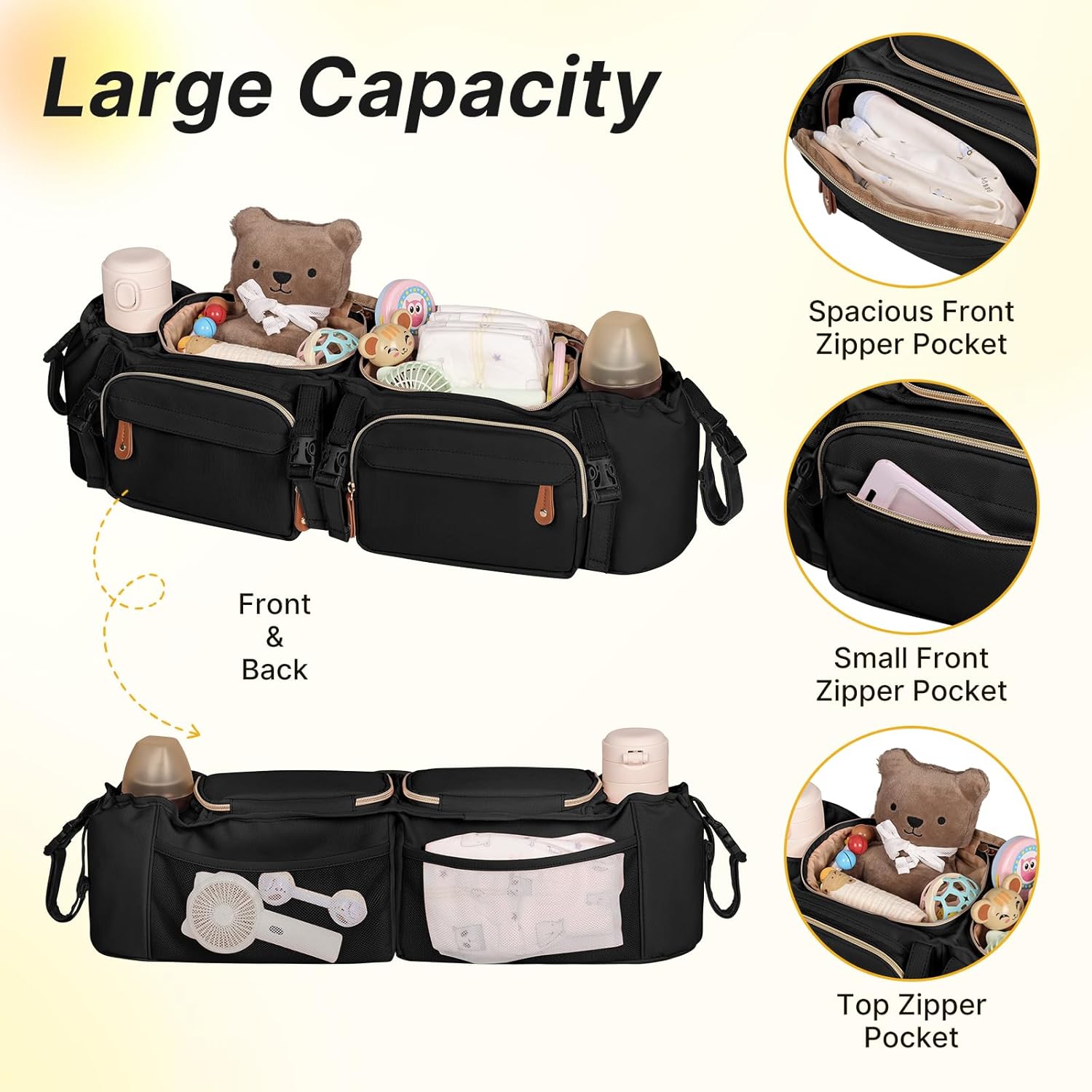 Double Stroller Organizer for Bob Duallie and Baby Jogger City Mini GT2, Double Stroller Caddy Organizers with Cup Holder and 2 Cooler Pockets Parent Console Double Stroller Accessories