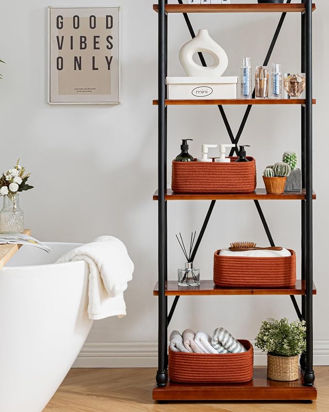 KALLAX Small Woven Basket, 12 x 8 x 4.5 Inches, Storage Basket for Organizing, Cute Small Rope Shelf Closet Cube Storage Bins Baskets for Shelves, Dog Toy Gift Baskets Empty, 3 Pack Rust Red-BubblyBeeBaby