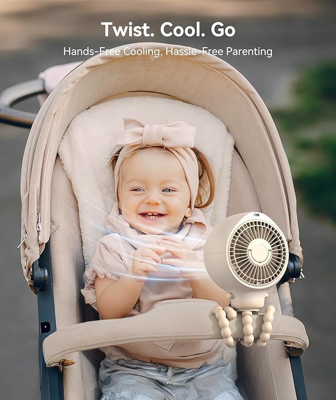 Dreamegg Portable Stroller Fan - 4000mAh Rechargeable Baby Stroller Fan With LED Display, Night Light, Hidden Blade, Detachable 4 Speed 360°Rotate, Handheld Cooling for Crib,Travel, Car Seat, Bedroom-BubblyBeeBaby