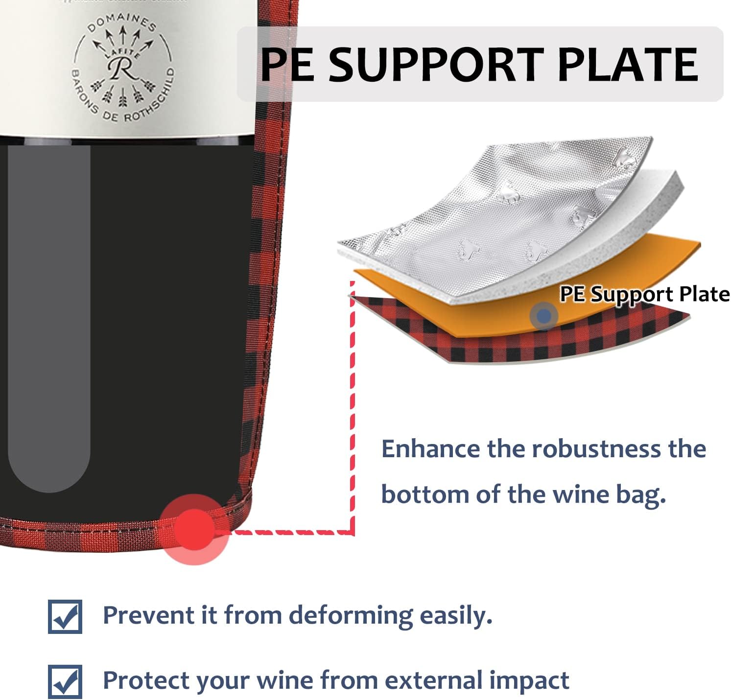 Tirrinia Single Wine Carrier Tote, Insulated Cooler Bag for Travel & Picnic - Padded Bottle Holder, Gift for Wine Lovers, Red Grid