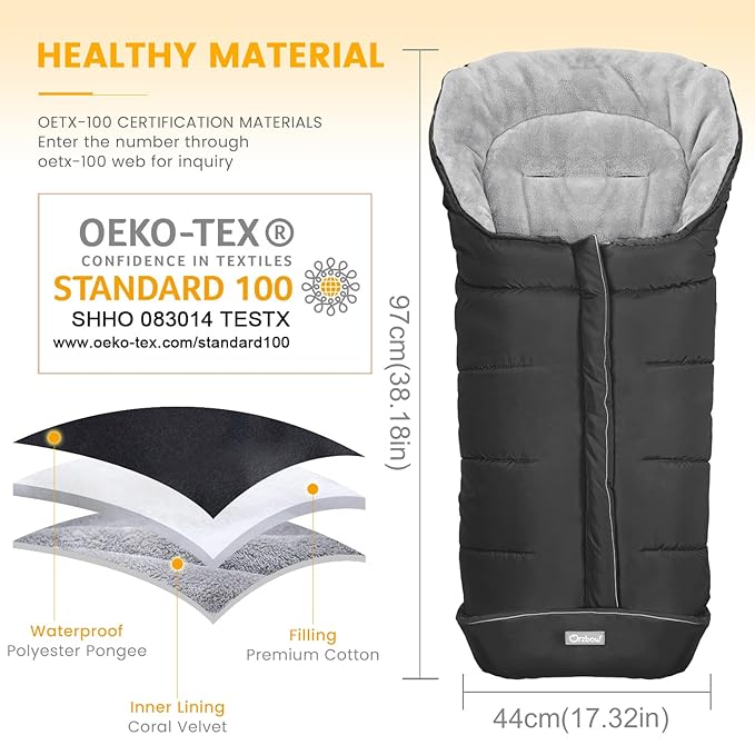 Orzbow Warm Bunting Bag Universal, Stroller Sleeping Bag Cold Weather, Waterproof Toddler Footmuff (Black, Large)-BubblyBeeBaby