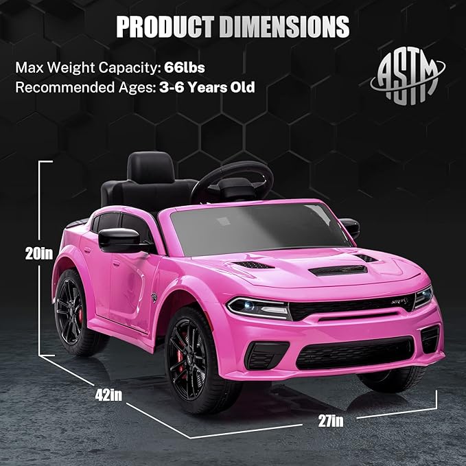 12V 7Ah Kids Electric Ride on Car, Licensed Dodge Charger SRT Hellcat, Battery Powered 4-Wheels Toy Car Electric Vehicle for Kids with Remote Control, 3 Speeds, LED Lights, Music (Pink)-BubblyBeeBaby
