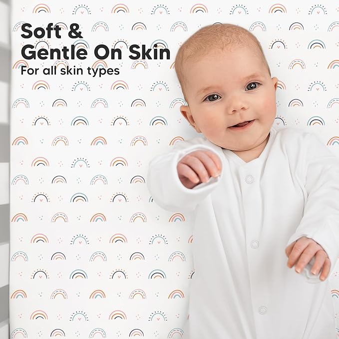 KeaBabies 2-Pack Organic Crib Sheets for Boys, Girls - 52x28 Fitted Crib Mattress Sheet Neutral, Breathable Jersey Cotton Cover for Baby Bed, Toddler Mattress, Soft & Cute Prints (Jolly Rainbow)-BubblyBeeBaby