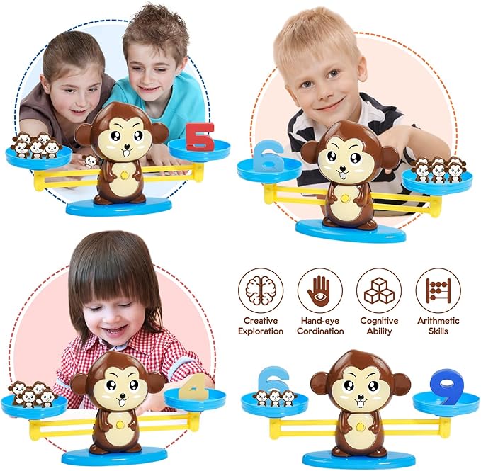 BAKAM Monkey Balance Scale Toy, Number Counting Blocks Games, Montessori Math Games for Kids 5-7, Preschool Kindergarten Learning Activities, STEM Educational Toys for 3+ Year Old-BubblyBeeBaby