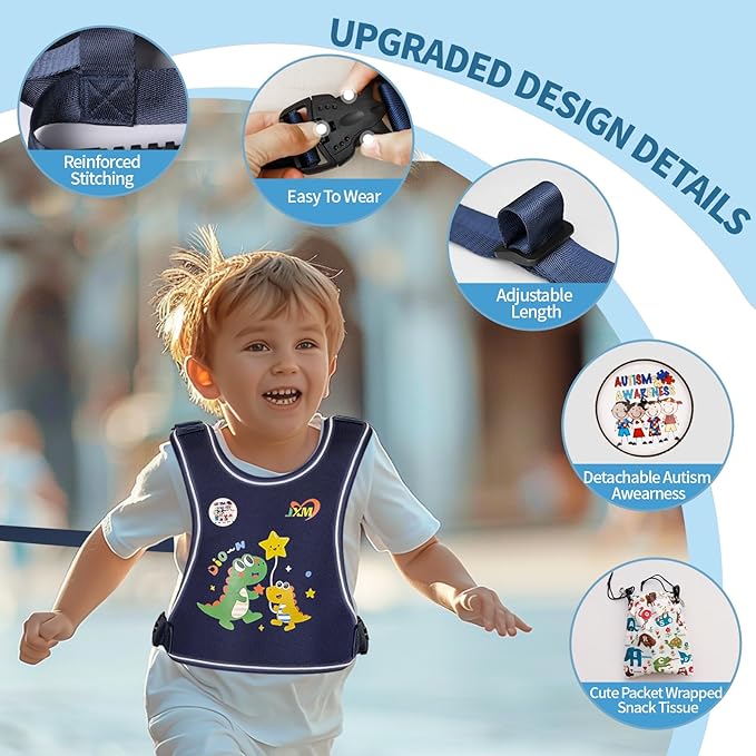 2025 New Safety Harness for Autism and Special Needs Child (3-6 yrs), Anti-Elopement Vest Harness with Light Reflector and Grab Handle for Active, Autistic ADHD Kids,Adjustable Tether Leash with Pouch-BubblyBeeBaby