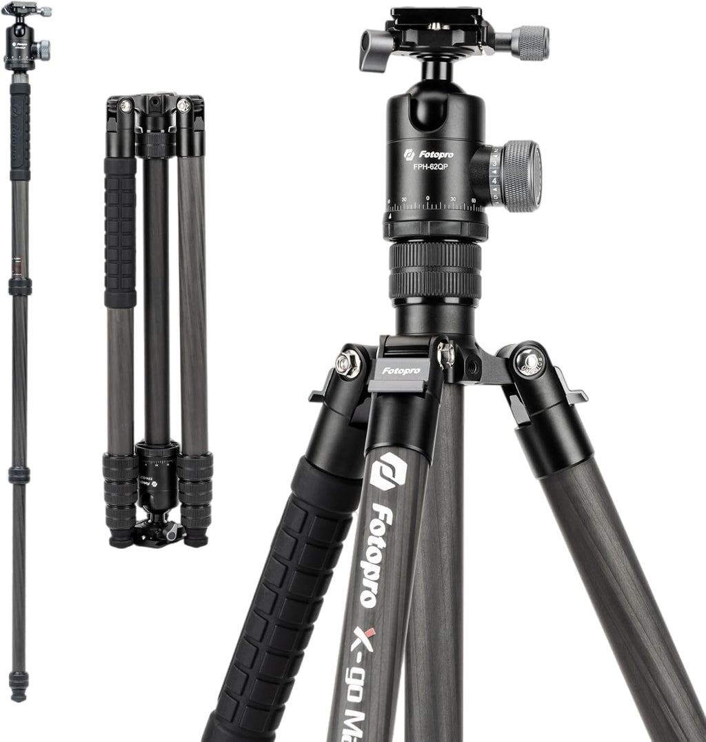 Fotopro 68" Carbon Fiber Travel Tripod, Heavy Duty Camera Tripod with Ball Head, Detachable Monopod with Quick Release Plate and Bag, Load up to 12KG/26lbs