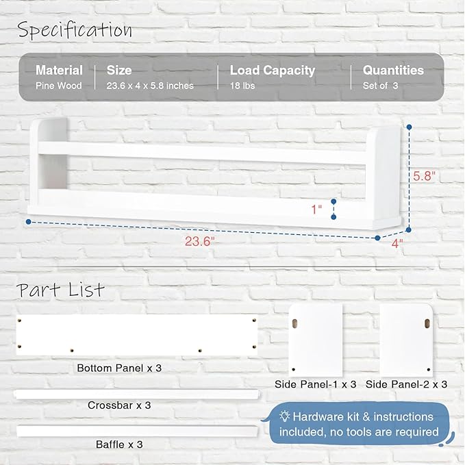 24 Inch White Wall Bookshelf for Kids Room, Floating Nursery Book Shelves Wall Mounted with Lip and Hanging Rod for Baby Girl Boy Bedroom, Large Corner Hanging Children Bookshelves -Set of 3-BubblyBeeBaby