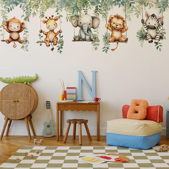 Jungle Animal Wall Decals,Jungle Animals Monkey Elephants, Lions, Zebras, Giraffes Vine Leaves Wall Stickers,Zoo Sticker for Kids Baby Boys Room Nursery Bedroom Playroom Home Decoration.-BubblyBeeBaby