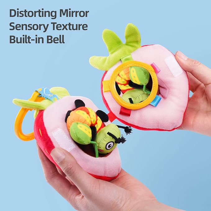 Jollybaby Newborn Plush Stuffed Fruit Rattle Toy for Stroller Car Seat Crib, Montessori Sensory Plush Strawberry Toy with Rattle and Mirro Toy for Baby 0-6-12 Month, Infant Baby Boy Girl Shower Gift-BubblyBeeBaby