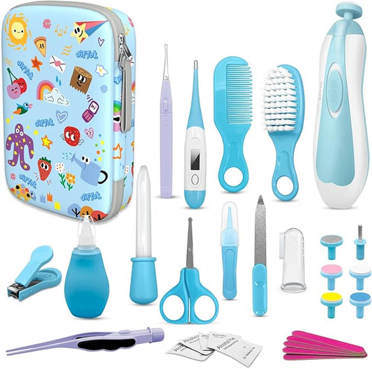 JIFTOK Baby Healthcare and Grooming Kit, 30 in 1 Baby Electric Nail Trimmer Set, Newborn Nursery Care Kit, Baby Essentials Set with Hair Brush Comb, Nail Clippers for Infant Toddlers Boys Girls (Blue)-BubblyBeeBaby
