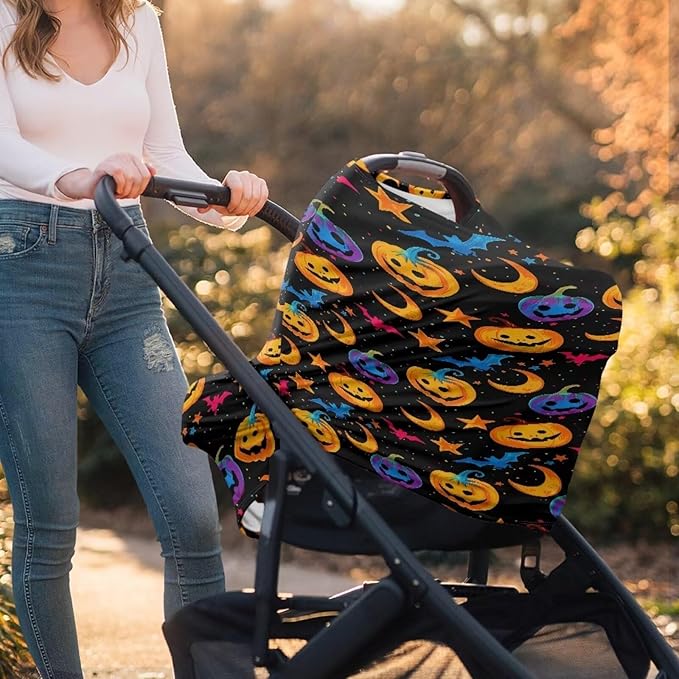 Binienty Galaxy Pumpkin Bats Moon Car Seat Covers for Babies, Halloween Decoration,Halloween Pumpkin Nursing Cover Breastfeeding Scarf, Stretch Baby Carseat Canopy-BubblyBeeBaby