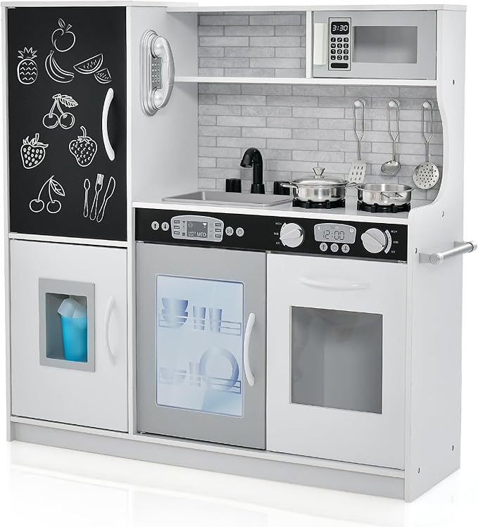 HONEY JOY Kids Kitchen Playset, Wooden Little Chef Pretend Toy Kitchen Set w/Chalkboard, Telephone, Utensils, Oven, Microwave, Sink, Storage, Play Kitchen for Toddlers, Gift for Boys Girls, White-BubblyBeeBaby