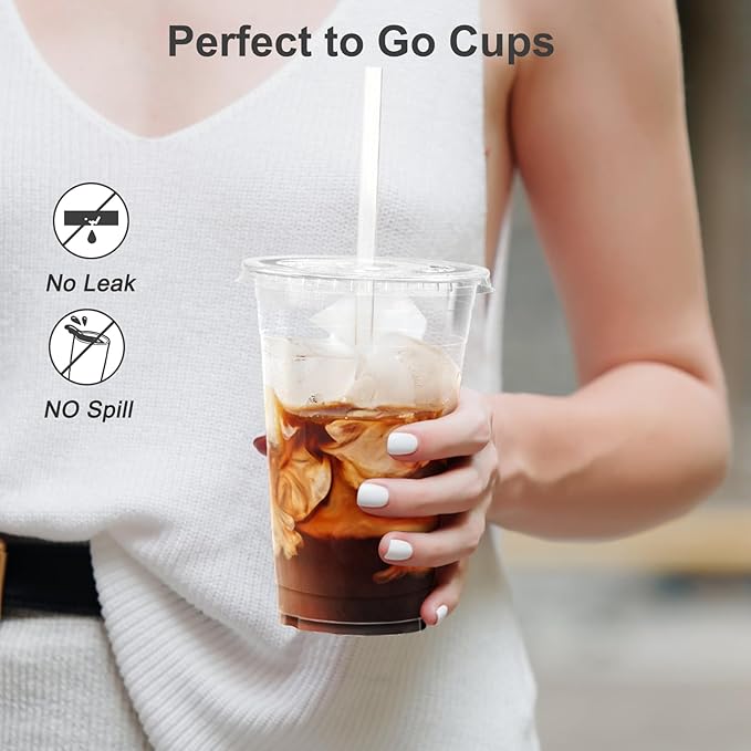 100 Pack - 20 oz Clear Plastic Cups with Lids and Straws, Sturdy & Food Safe Iced Coffee Cups with lids, Disposable Plastic Smoothie Cups for Cold Drinks-BubblyBeeBaby