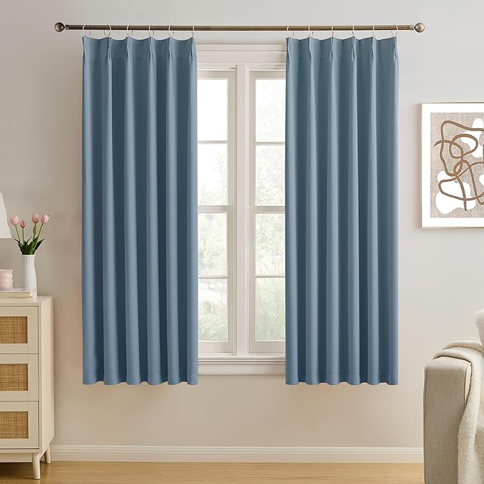 KEQIAOSUOCAI Dusty Slate Blue Blackout Curtains for Small Window, Pinch Pleat with Hooks, Room Darkening Block Out Bedroom Curtain 2 Panels,40 by 45 Inch-BubblyBeeBaby