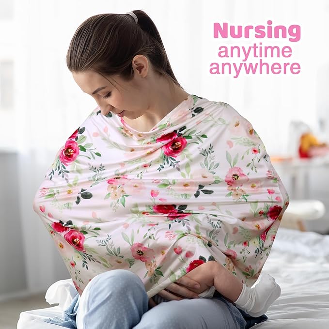 Rquite All-in-1 Car Seat Cover Baby, Carseat Covers for Girl Boy, Stretchy Soft Infant Car Seat Cover, Multi-use Baby Carrier Cover, Car Seat Canopy, Stroller Sun Shade, Nursing Breastfeeding Cover-BubblyBeeBaby