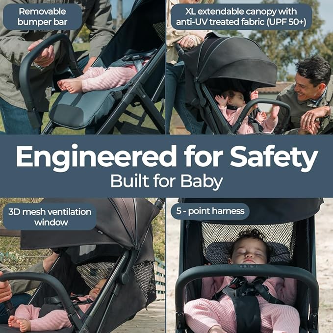 Inglesina Quid³ Stroller, Cosmic Black - Compact Reclining Travel Stroller for Baby & Toddler 0-55 lbs, One Hand fold, Car seat Compatible, Airplane Overhead, Lightweight, Foldable, XL UPF 50+ Canopy-BubblyBeeBaby