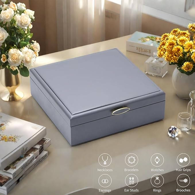 2-layer jewelry box，Jewelry Organizer with Handle，with hanging necklace hooks, detachable jewelry trays, suitable for storing a large amount of jewelry gift box (Large-Grey)-BubblyBeeBaby