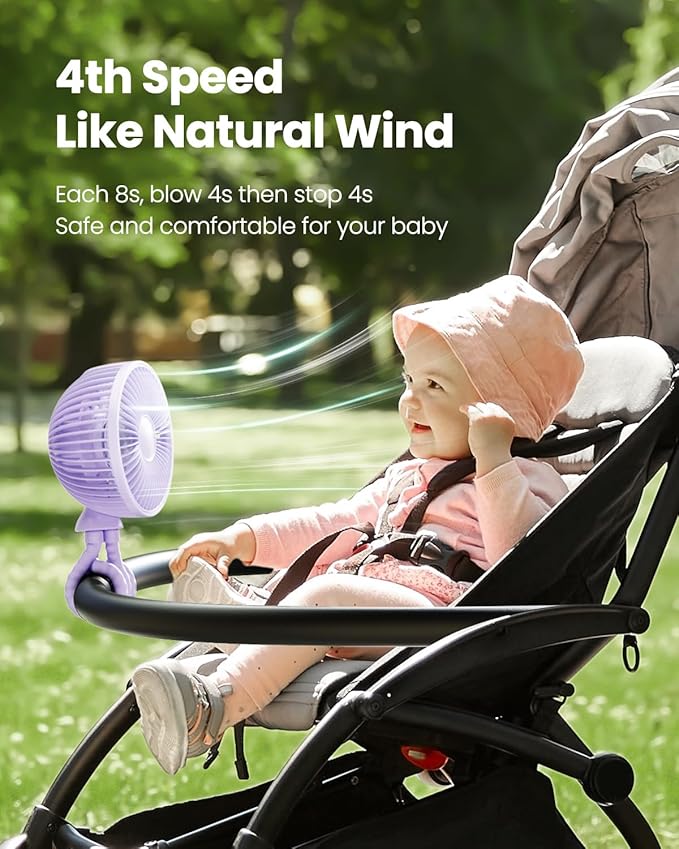 Gaiatop Oscillating Baby Stroller Fan with LED Night Light, 4 Speeds Cooling Rechargeable 360° Rotate Clip On, Battery Operated Small Portable Fans for Car Seat Crib Treadmill Travel-BubblyBeeBaby