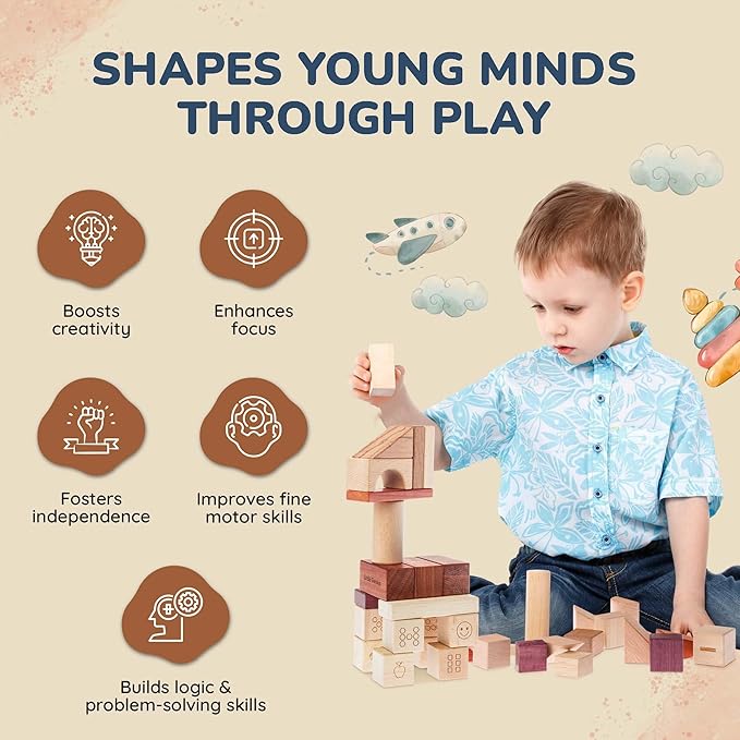 Hexagon Montessori Wooden Building Blocks – 86 Pieces FSC-Certified Beech | Alphabet & Number Blocks with Board Game, Storage Bag & 15-Challenge Guide | Stacking Toy for Kids Ages 3+-BubblyBeeBaby