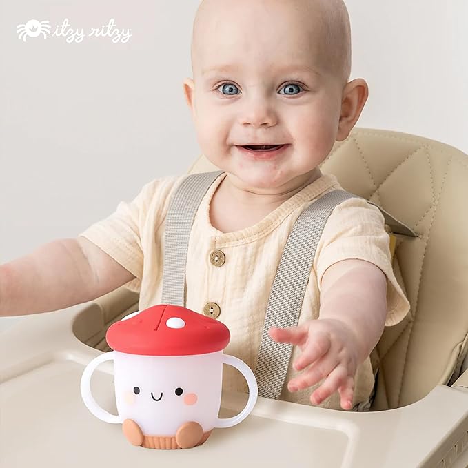 Itzy Ritzy Toddler Snack Cup - Spill-Proof Snack Cup for Toddlers with Soft Silicone Lid for Easy Food Access - Easy-To-Hold Kids Snacks Container With Handles - Ideal for 12 months & Up (Mushroom)-BubblyBeeBaby