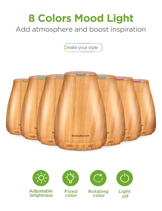 InnoGear Essential Oil Diffuser with Oils, 100ml Aromatherapy Diffuser with 6 Essential Oils Set, Aroma Cool Mist Humidifier Gift Set, Yellow Wood Grain-BubblyBeeBaby