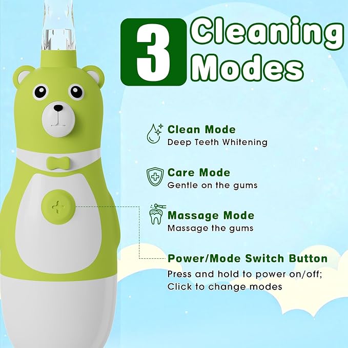 Kids Battery-Powered Electric Toothbrush for Toddler Ages 2-10, Extra Soft Bristles with 3 Cleaning Modes, 2-Min LED Timer IPX7 Waterproof Deep Clean-BubblyBeeBaby
