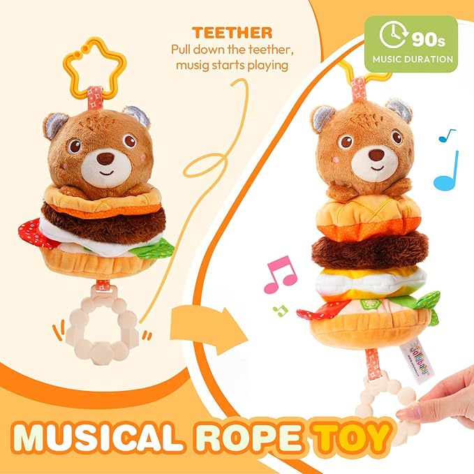Jollybaby Baby Musical Pull String Hanging Toys for Stroller Car Seat Crib Play Gym, Plush Stuffed Hamburg Bear Toy for Carseat with Music Teether Crinkle, Sensory Toy for 0-6-12-18 Months Baby Gifts-BubblyBeeBaby