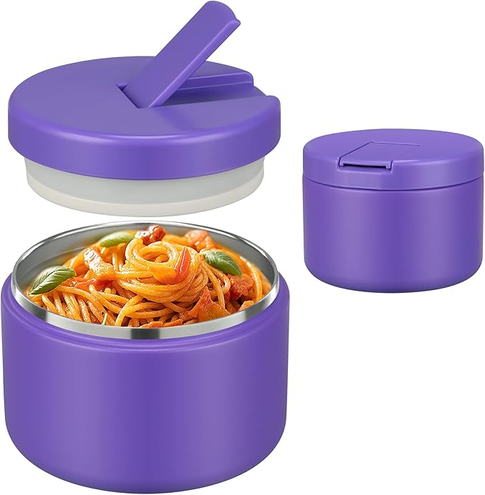 12oz Insulated Vacuum Food Jar with Buckle Lid Wide Mouth Soup Thermo for Hot Food Kids Leakproof Stainless Steel Lunch Container (Purple, 12OZ)-BubblyBeeBaby