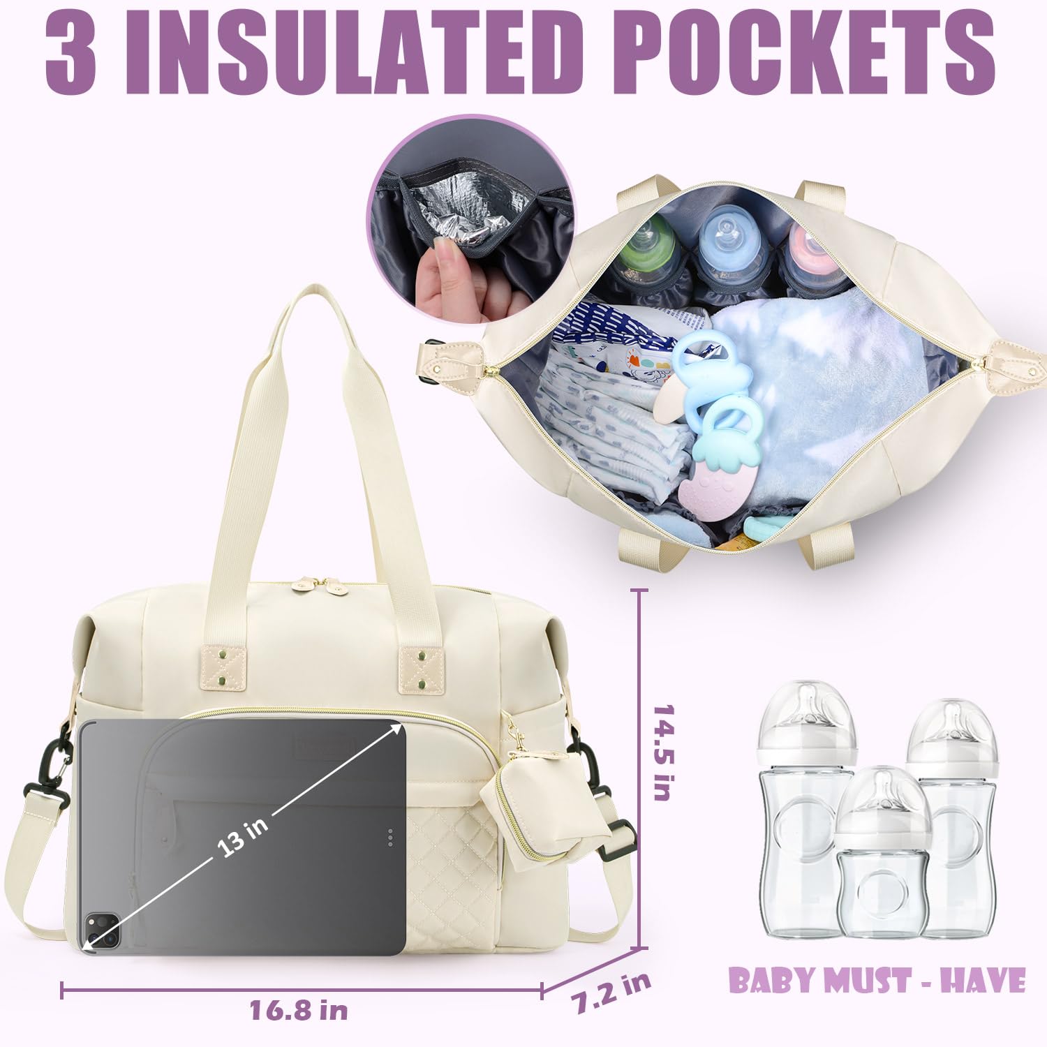 Tuwubi Diaper Bag Tote,Baby Diaper Bag with Pacifier Case Large Travel Diaper Tote Caddy for Mom and Dad Multifunction Large Baby Bag - White