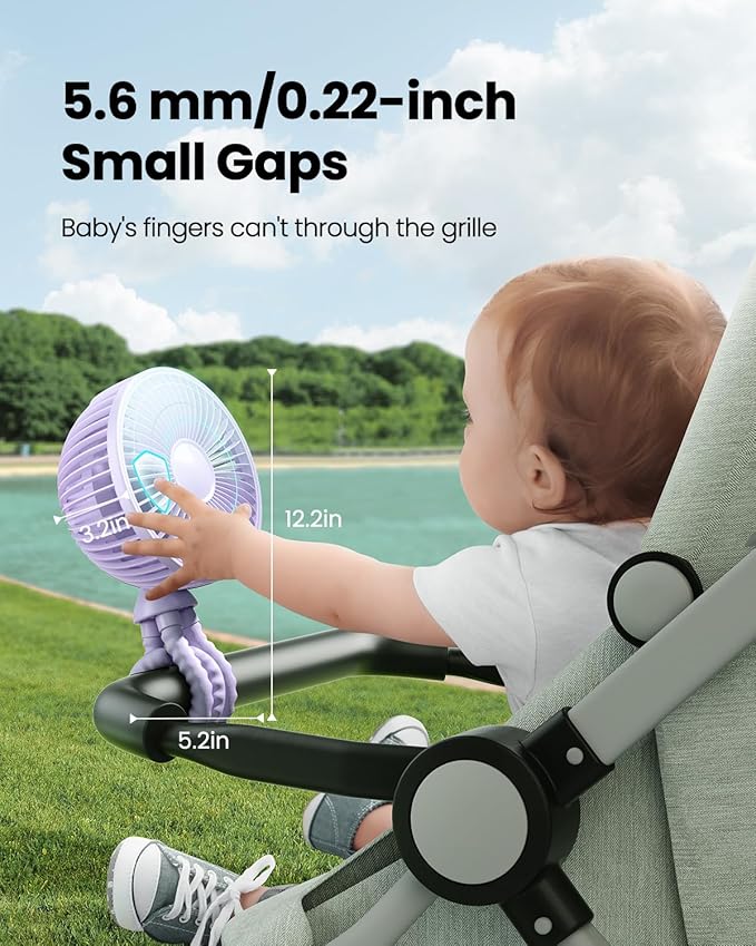 Gaiatop Oscillating Baby Stroller Fan with LED Night Light, 4 Speeds Cooling Rechargeable 360° Rotate Clip On, Battery Operated Small Portable Fans for Car Seat Crib Treadmill Travel-BubblyBeeBaby