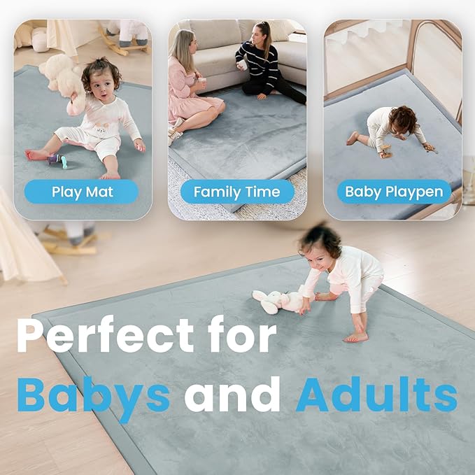 1.3" Thick Baby Play Mat for Floor Playpen, 50x50 Foam Tummy Time Mat, Padded Support Soft Plush Nursery Rug for Infant Kids Toddler Crawling Kick Activity (Light Grey)-BubblyBeeBaby