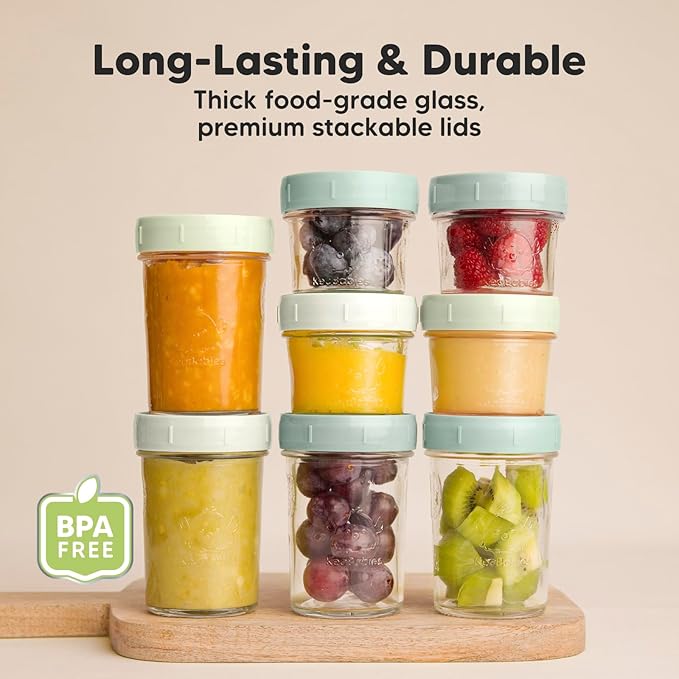 KeaBabies 4pk 8oz & 4pk 4oz Glass Baby Food Containers with Lids - Leak-Proof, Microwavable Small Glass Jars, Baby Purees & Toddler Snack Storage Containers, BPA-Free, Dishwasher & Freezer Safe(Sage)-BubblyBeeBaby