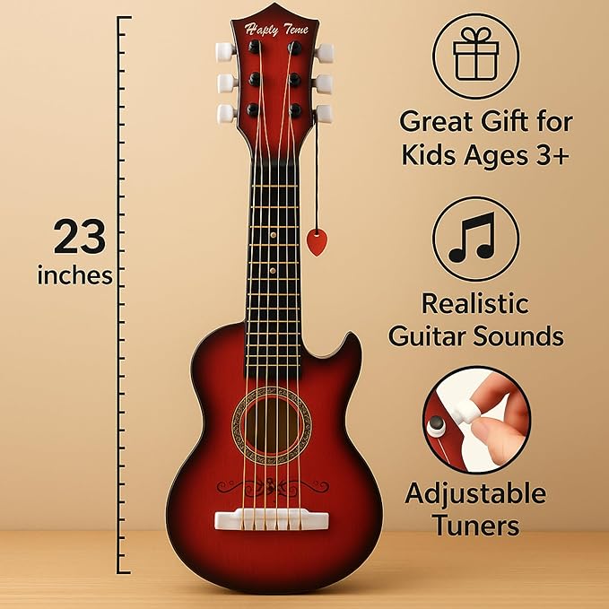 23" Acoustic Guitar, Kids 6 String Toy Guitar - Realistic Steel Strings - Beginner Practice First Musical Instrument for Children, Toddlers (Mahogany)-BubblyBeeBaby