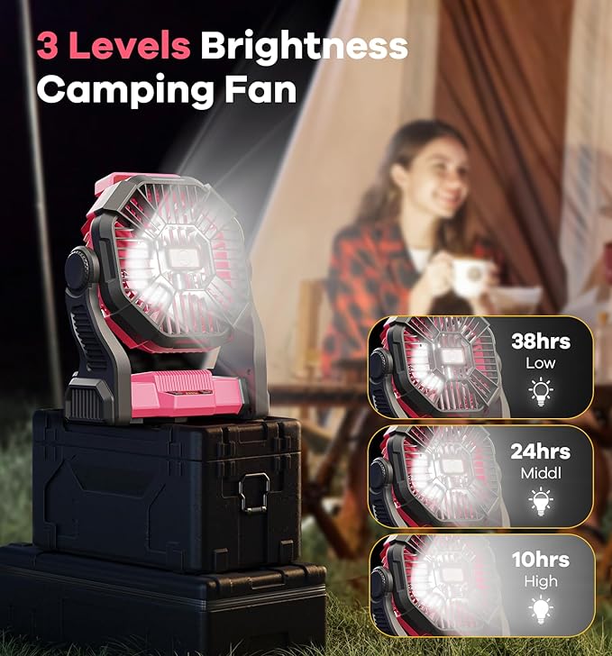 15000mAh Portable Battery Powered Camping Fan - with LED Light, Quiet Battery Operated, Camping Gear for Travel, Tent, Beach, Car or Hurricane Power Outages, Pink-BubblyBeeBaby