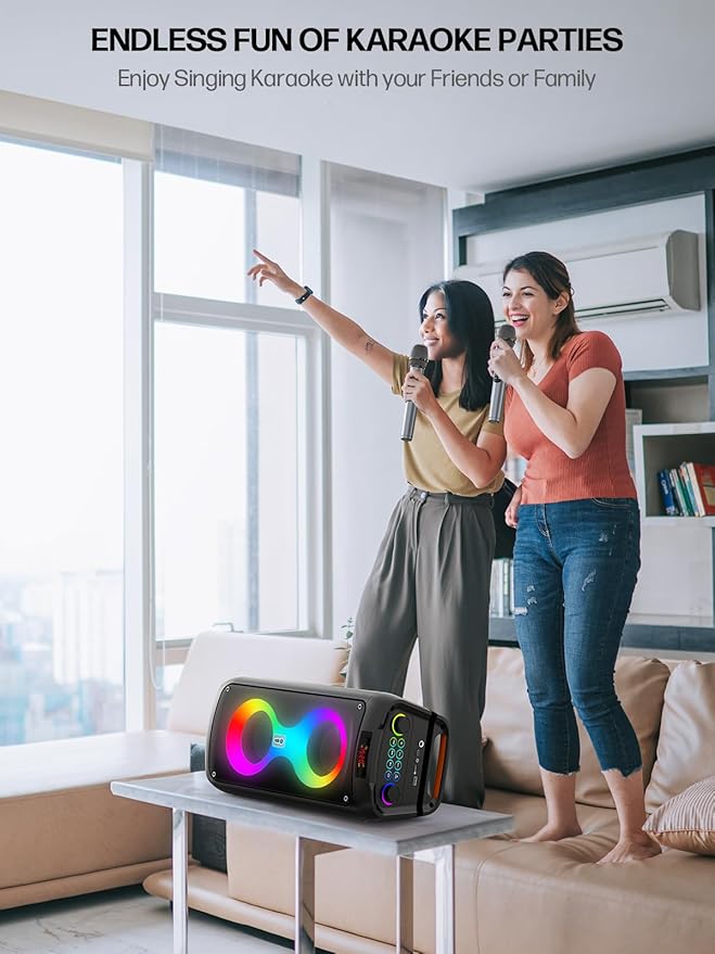 Karaoke Machine for Adults, Portable Bluetooth Speaker with 2 Wireless Microphones, PA System with Disco Lights for Big Party, Outdoor, Supports USB/TF/REC/FM/AUX, Ideal Gifts for Family, Music Lover-BubblyBeeBaby