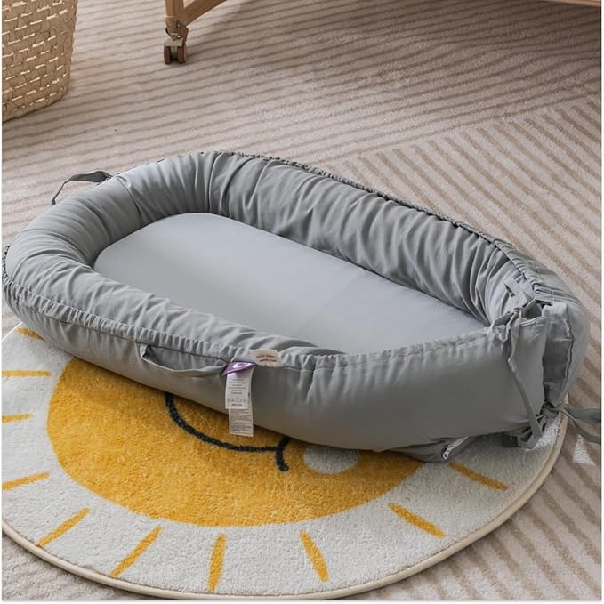 Infant Lounger, Baby Nest Cover for Baby Girls & Boys, Newborn Essentials for Baby 0-12 Months, 100% Cotton Breathable, Co Sleeper Portable Travel Bed (SlateGray, Cotton)-BubblyBeeBaby
